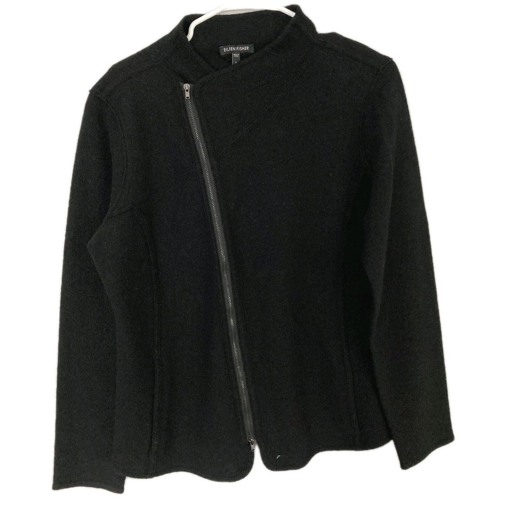 Eileen Fisher Jacket Women M Black Boiled Wool Funnel Neck Moto Asym Zip NWT